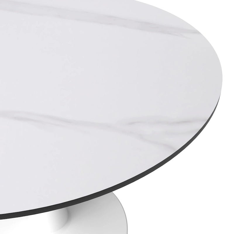 Table à manger ronde de 102 cm, 4 places, piètement blanc, plateau en pierre frittée, convient pour la cuisine et la salle à manger.