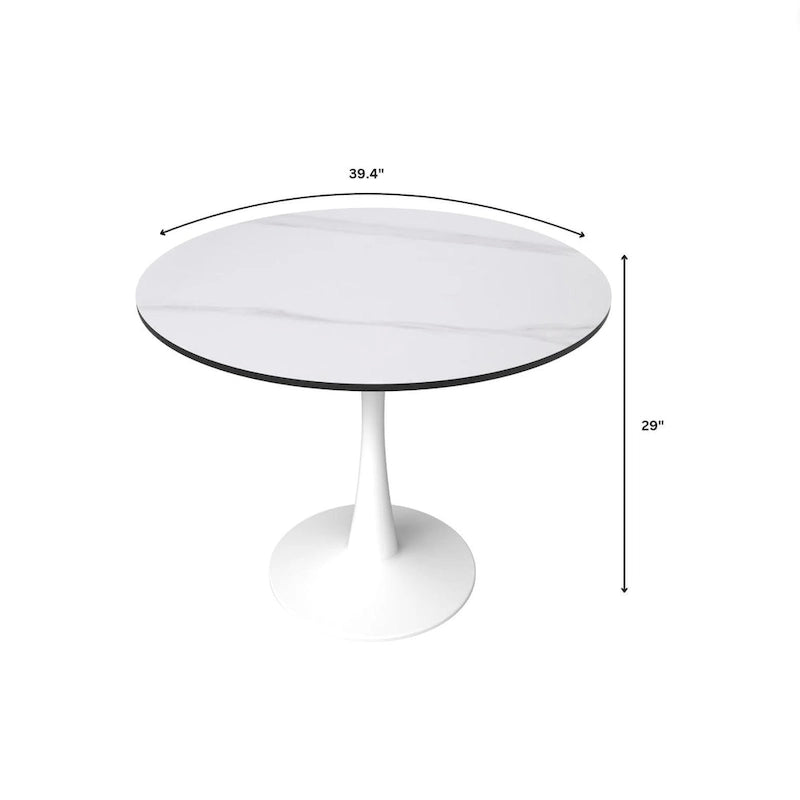 Table à manger ronde de 102 cm, 4 places, piètement blanc, plateau en pierre frittée, convient pour la cuisine et la salle à manger.