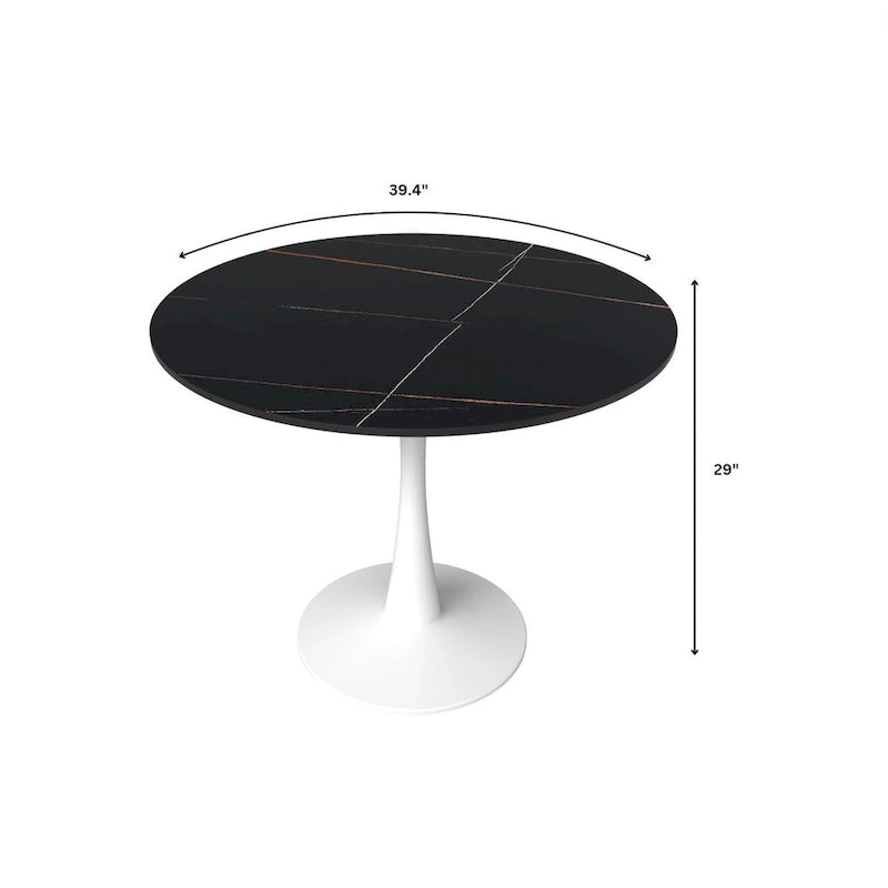 Table à manger ronde de 102 cm, 4 places, piètement blanc, plateau en pierre frittée, convient pour la cuisine et la salle à manger.