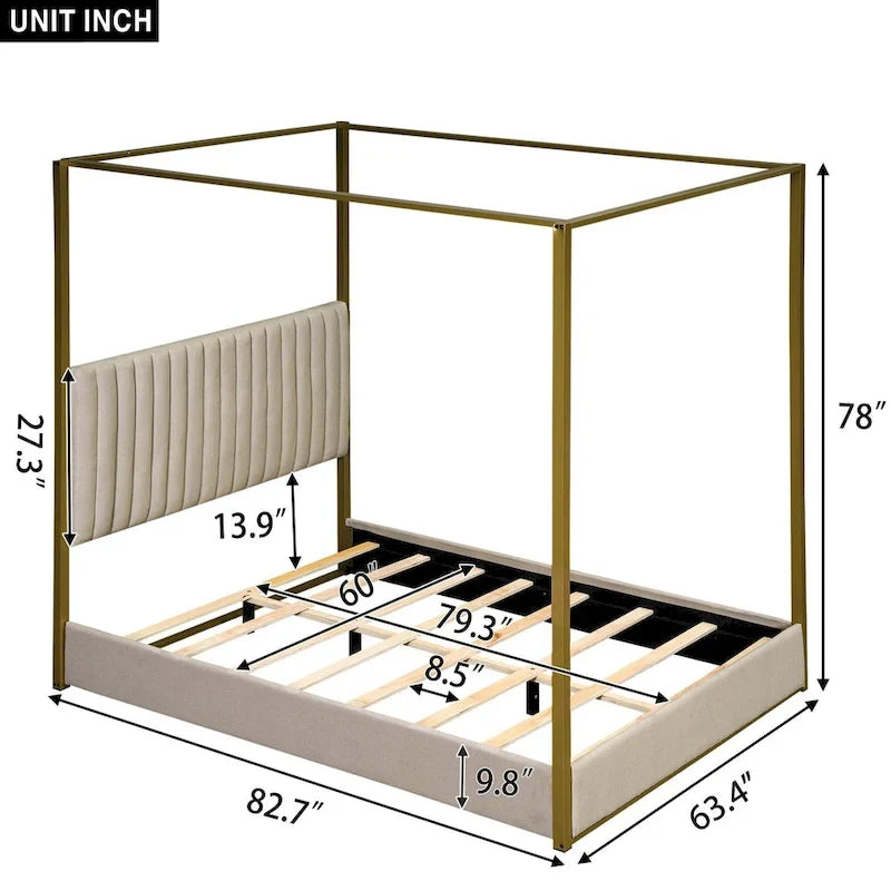 Lit plateforme à baldaquin Queen Size rembourré avec tête de lit et cadre en métal