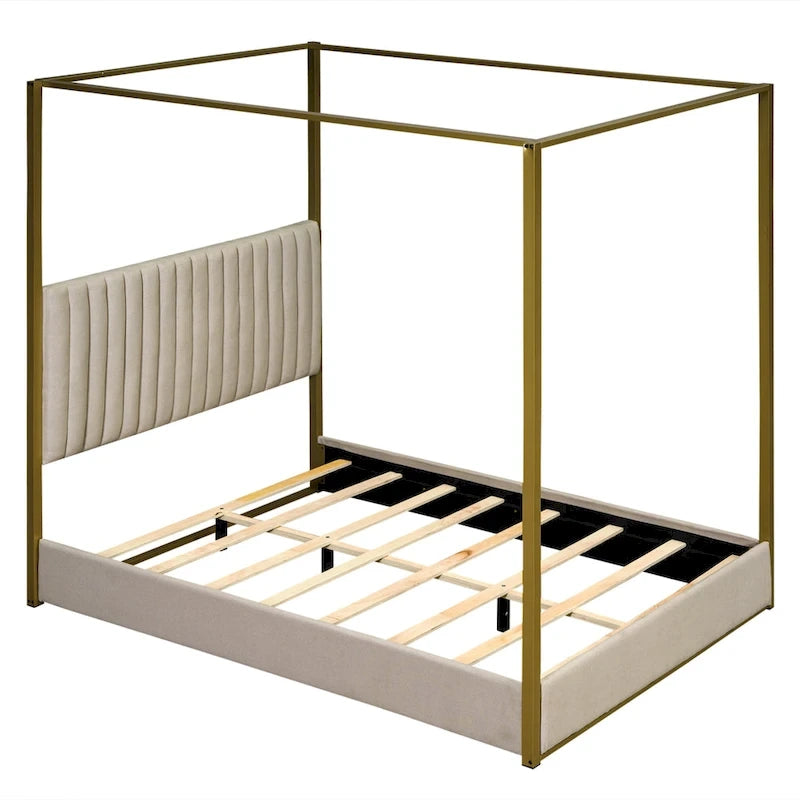 Lit plateforme à baldaquin Queen Size rembourré avec tête de lit et cadre en métal