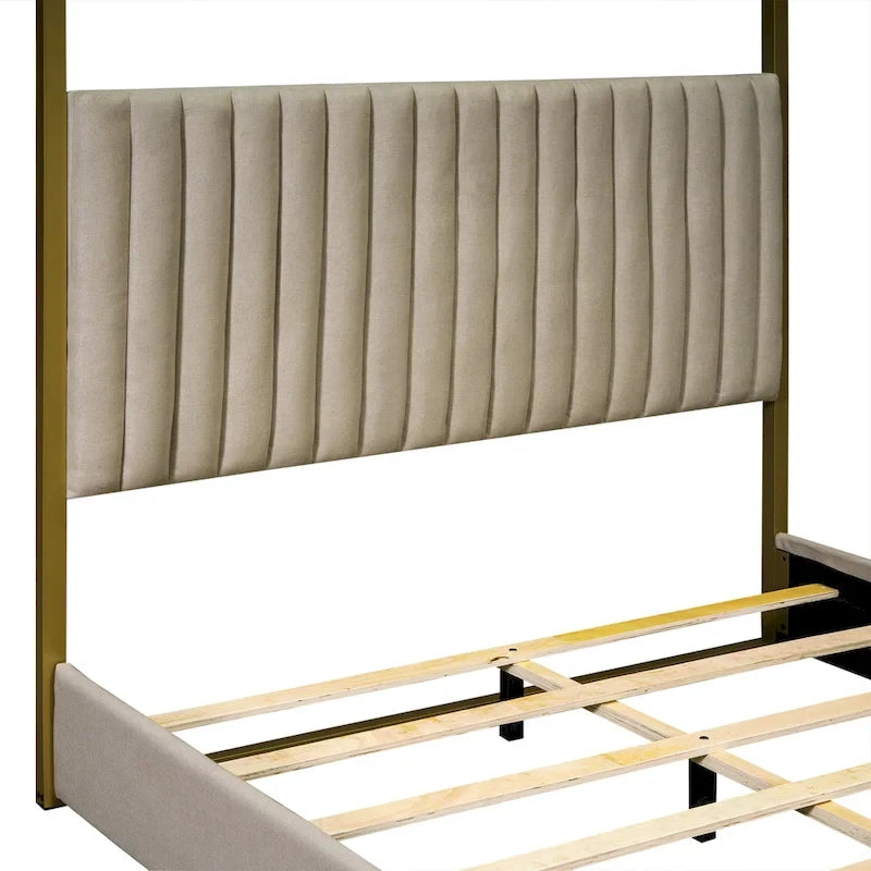 Lit plateforme à baldaquin Queen Size rembourré avec tête de lit et cadre en métal