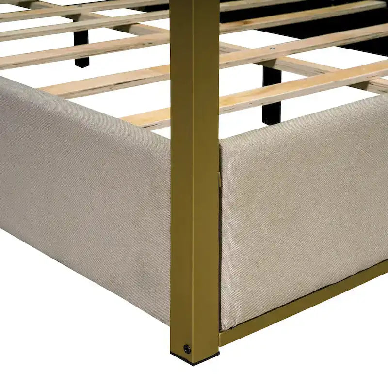 Lit plateforme à baldaquin Queen Size rembourré avec tête de lit et cadre en métal