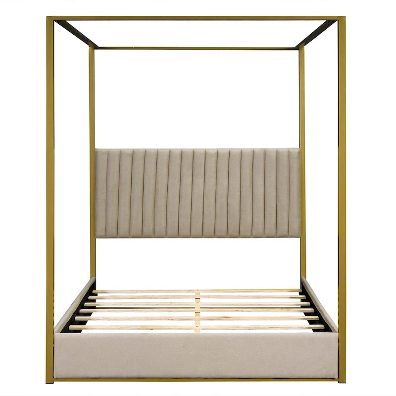 Lit plateforme à baldaquin Queen Size rembourré avec tête de lit et cadre en métal