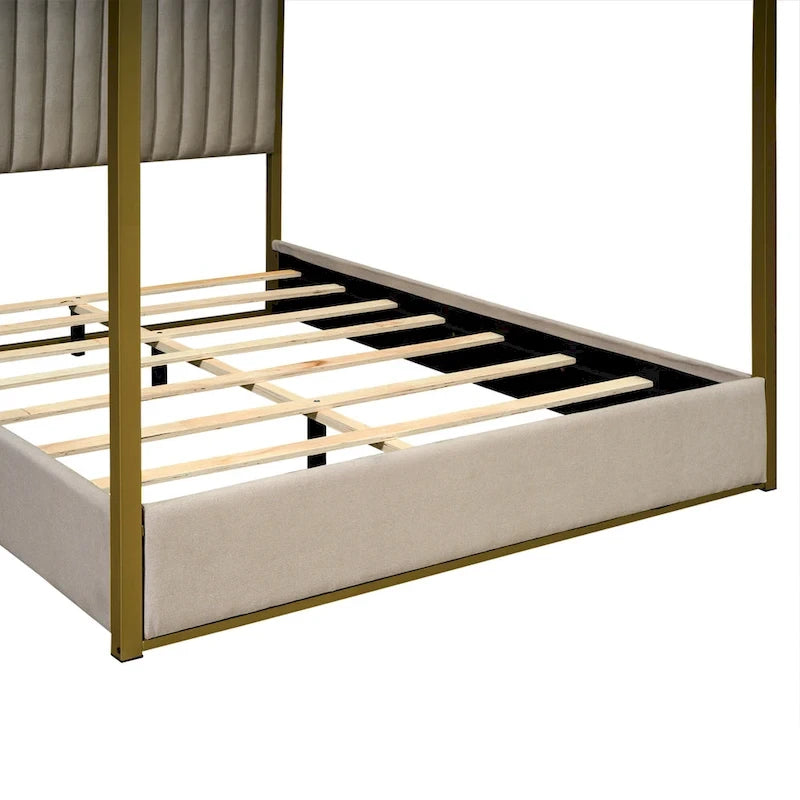 Lit plateforme à baldaquin Queen Size rembourré avec tête de lit et cadre en métal
