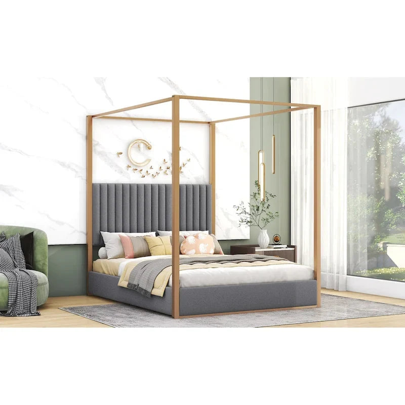 Lit plateforme à baldaquin Queen Size rembourré avec tête de lit et cadre en métal