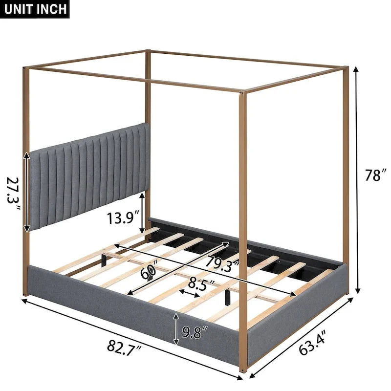 Lit plateforme à baldaquin Queen Size rembourré avec tête de lit et cadre en métal