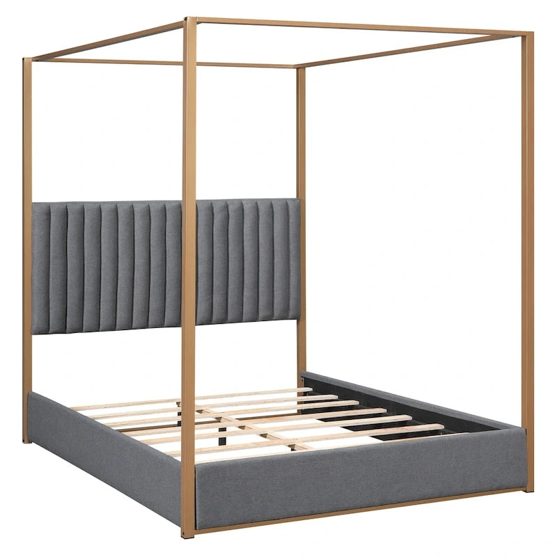 Lit plateforme à baldaquin Queen Size rembourré avec tête de lit et cadre en métal