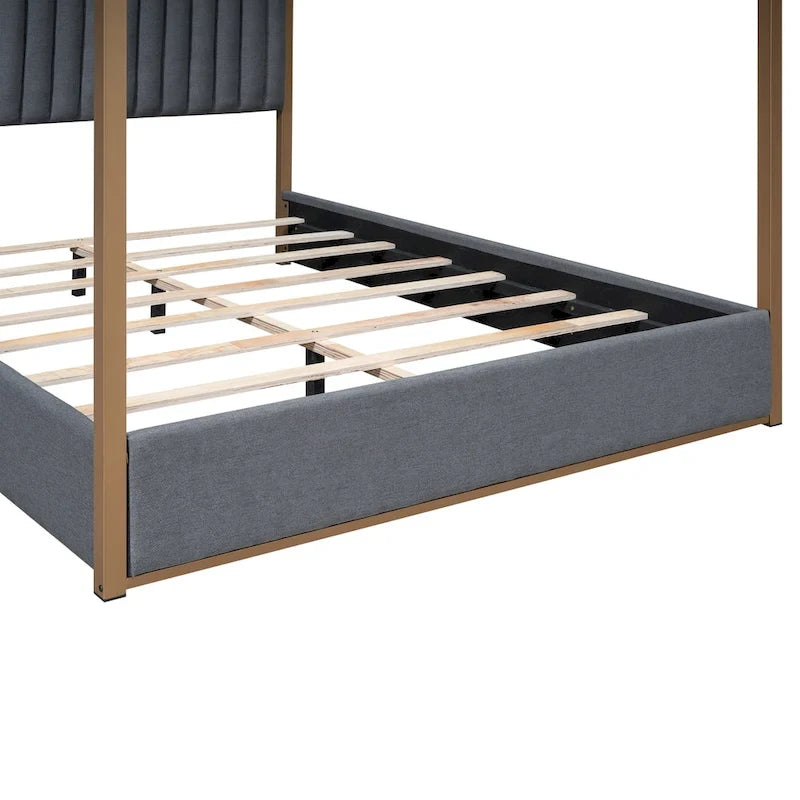 Lit plateforme à baldaquin Queen Size rembourré avec tête de lit et cadre en métal