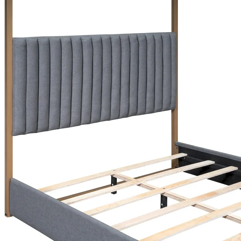 Lit plateforme à baldaquin Queen Size rembourré avec tête de lit et cadre en métal