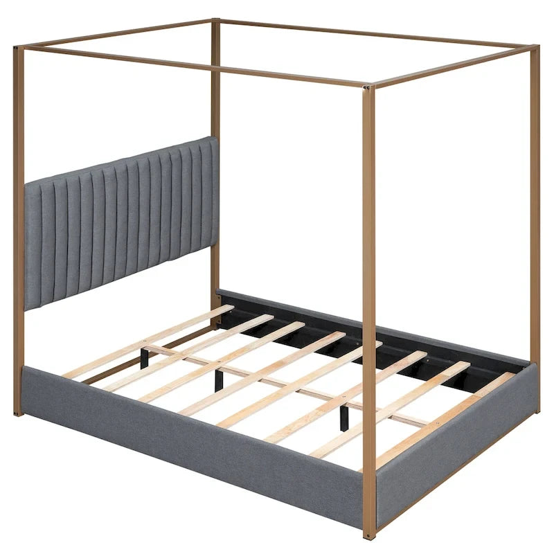 Lit plateforme à baldaquin Queen Size rembourré avec tête de lit et cadre en métal
