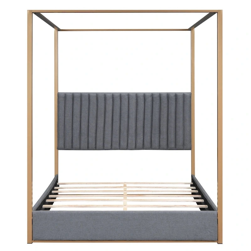 Lit plateforme à baldaquin Queen Size rembourré avec tête de lit et cadre en métal